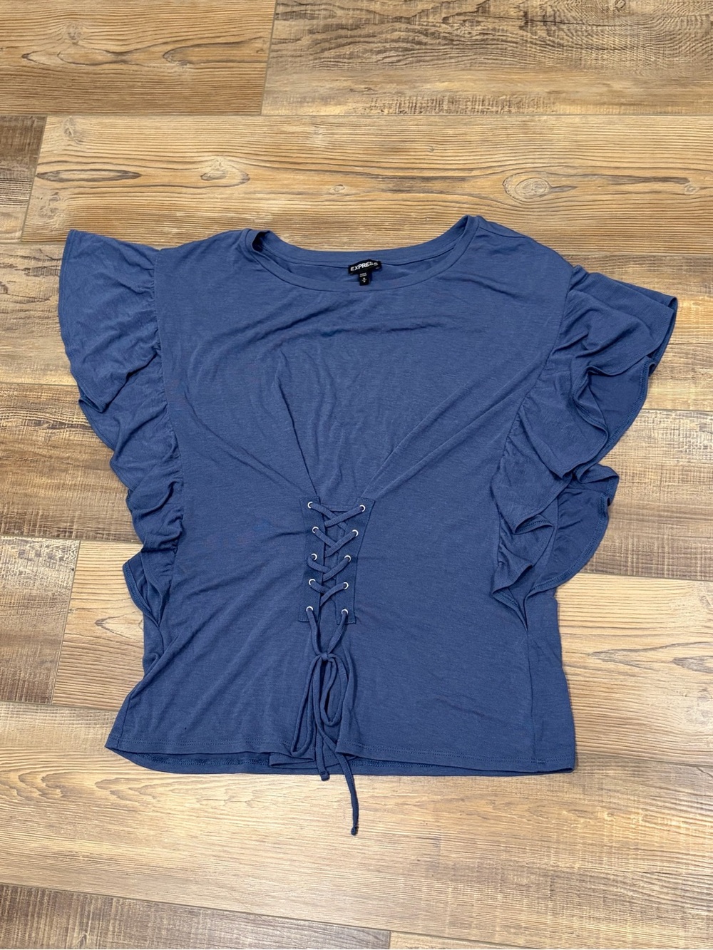 Express blue Lace-Up Front Ruffle Sleeve Tee